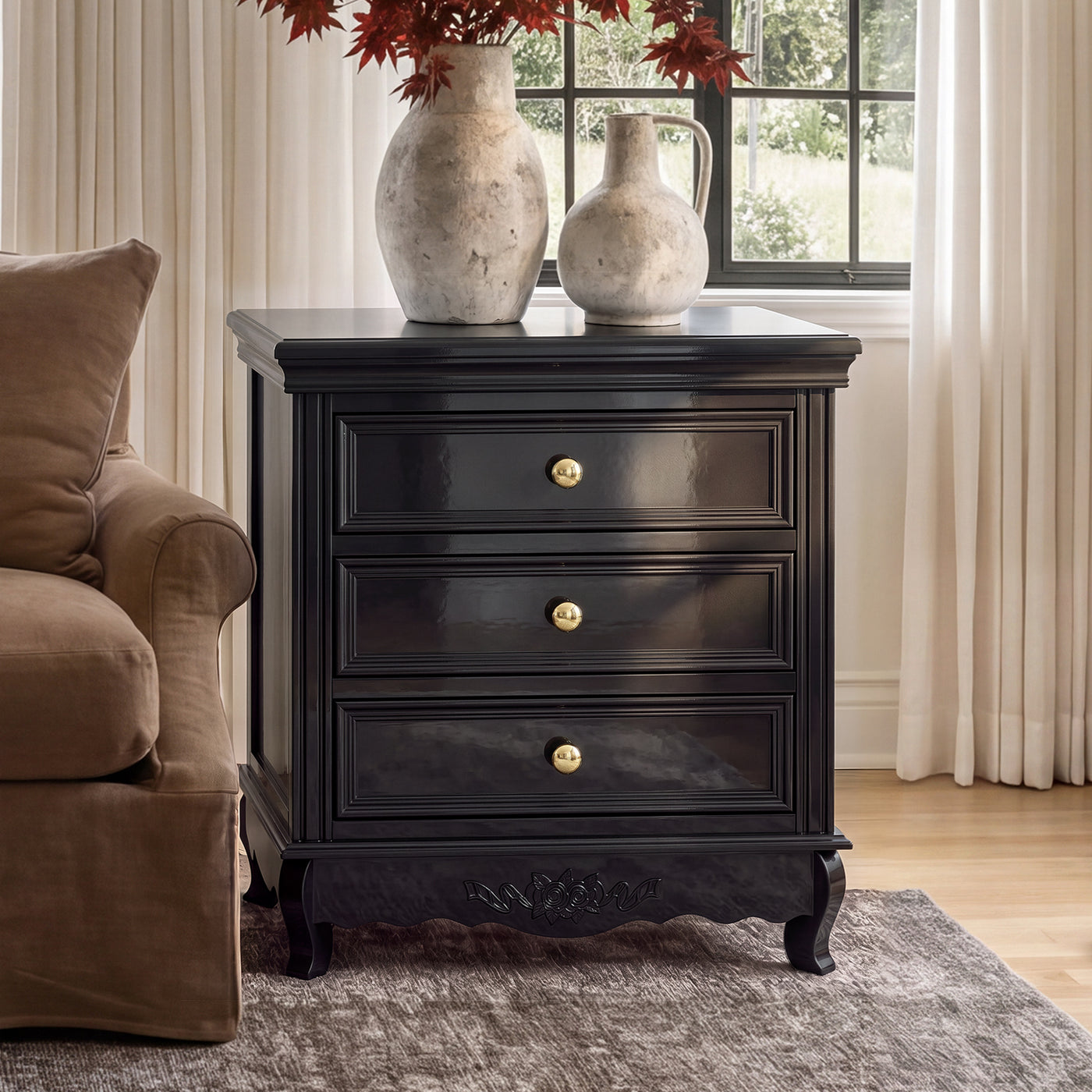 Black Classic 3-Drawer Nightstand with Metal Handles, Set of 2