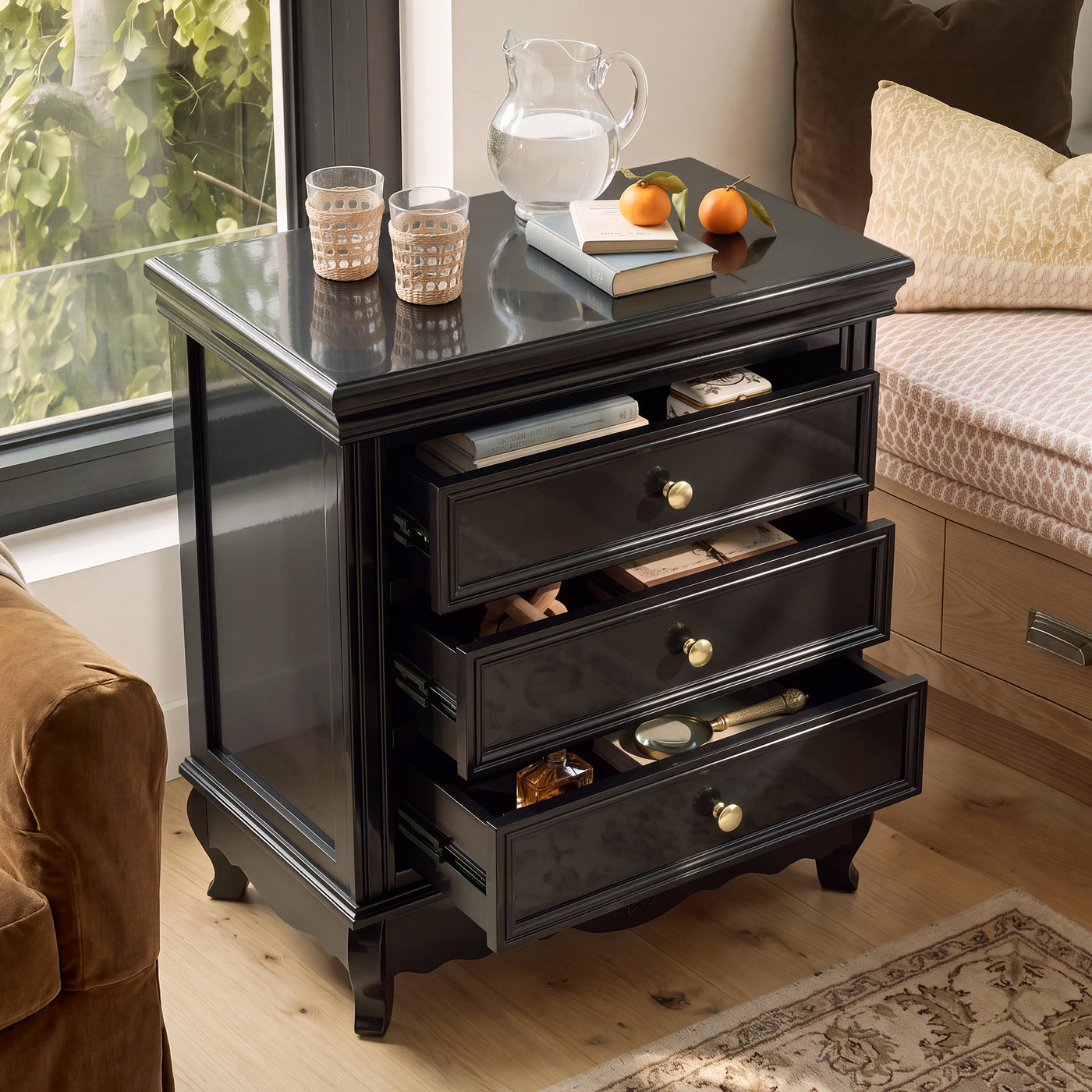 Black Classic 3-Drawer Nightstand with Metal Handles, Set of 2