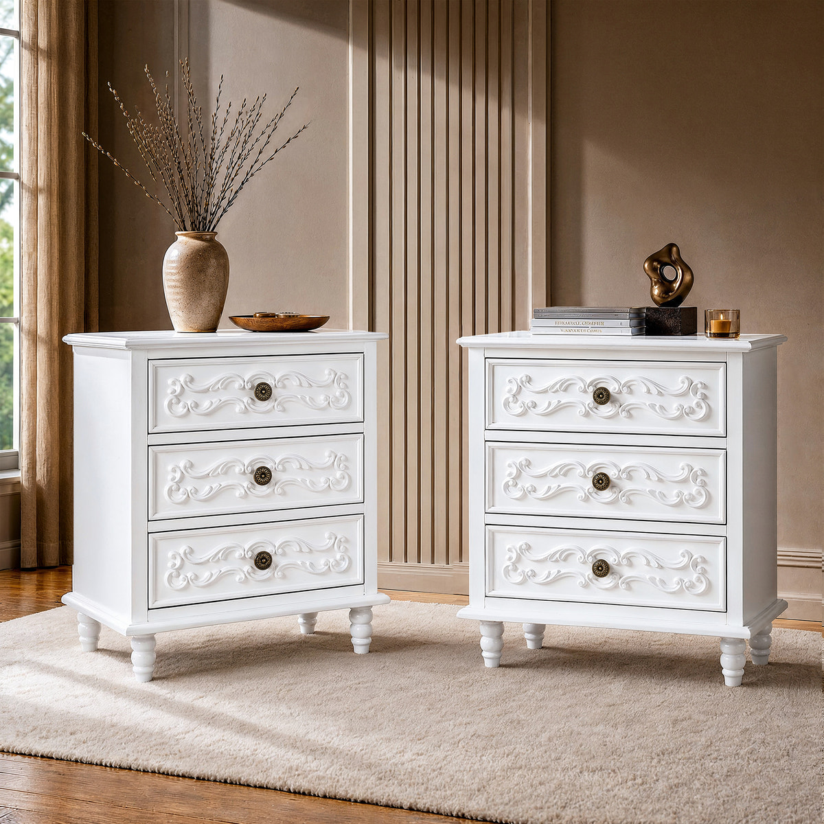 White Carved 3-Drawer Nightstand with Metal Handles, Set of 2