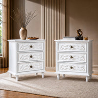 White Carved 3-Drawer Nightstand with Metal Handles, Set of 2