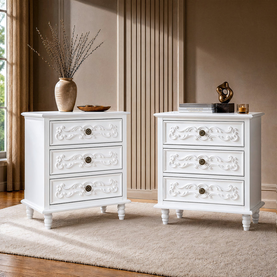 White Carved 3-Drawer Nightstand with Metal Handles, Set of 2