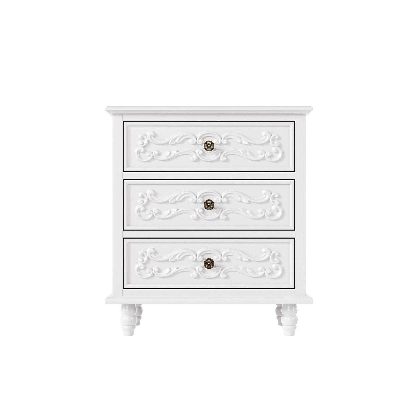 White Carved 3-Drawer Nightstand with Metal Handles