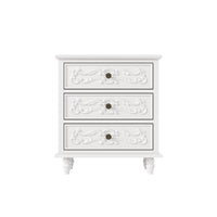 White Carved 3-Drawer Nightstand with Metal Handles