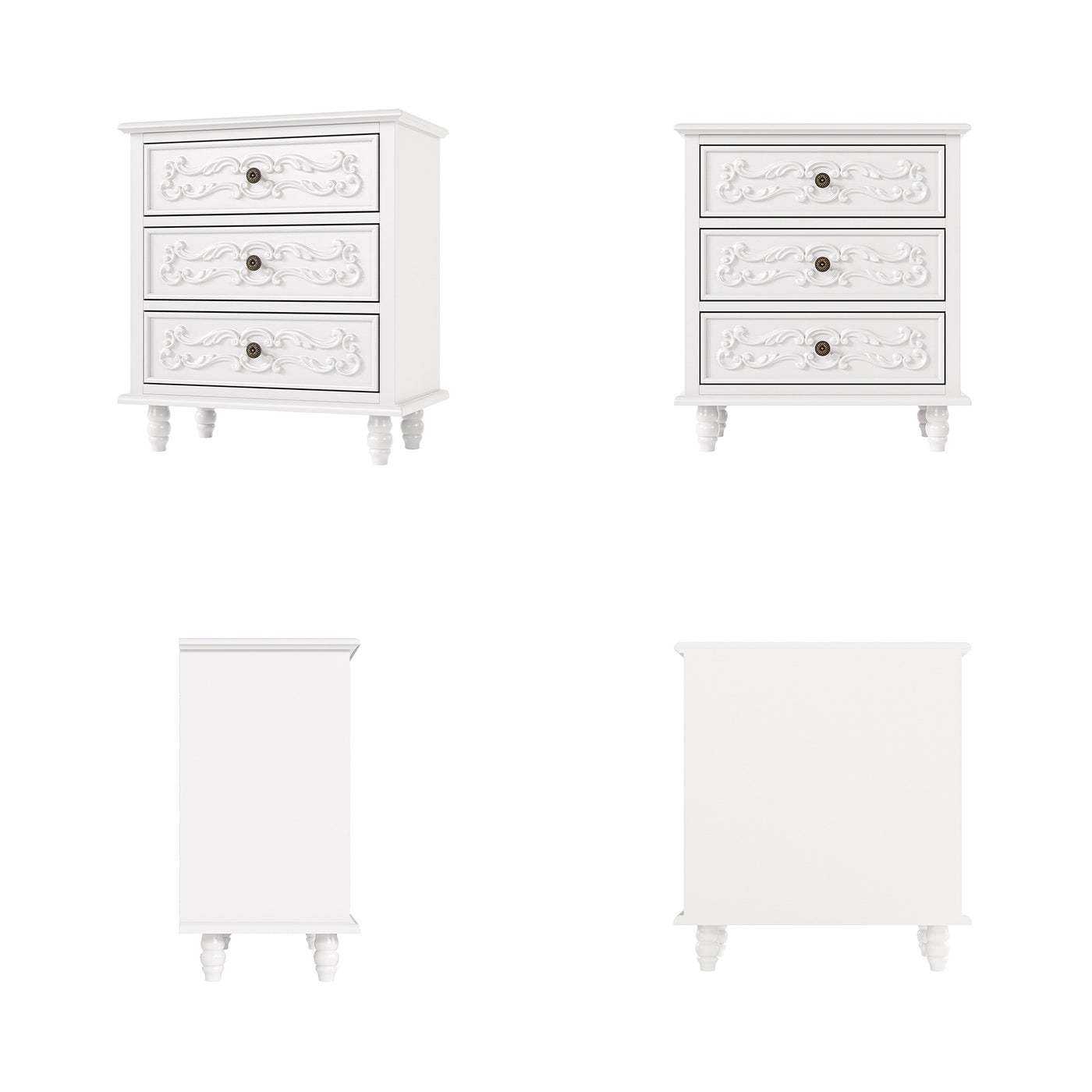 White Carved 3-Drawer Nightstand with Metal Handles