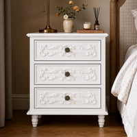 White Carved 3-Drawer Nightstand with Metal Handles