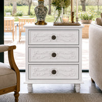 White Carved 3-Drawer Nightstand with Metal Handles