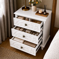 White Carved 3-Drawer Nightstand with Metal Handles