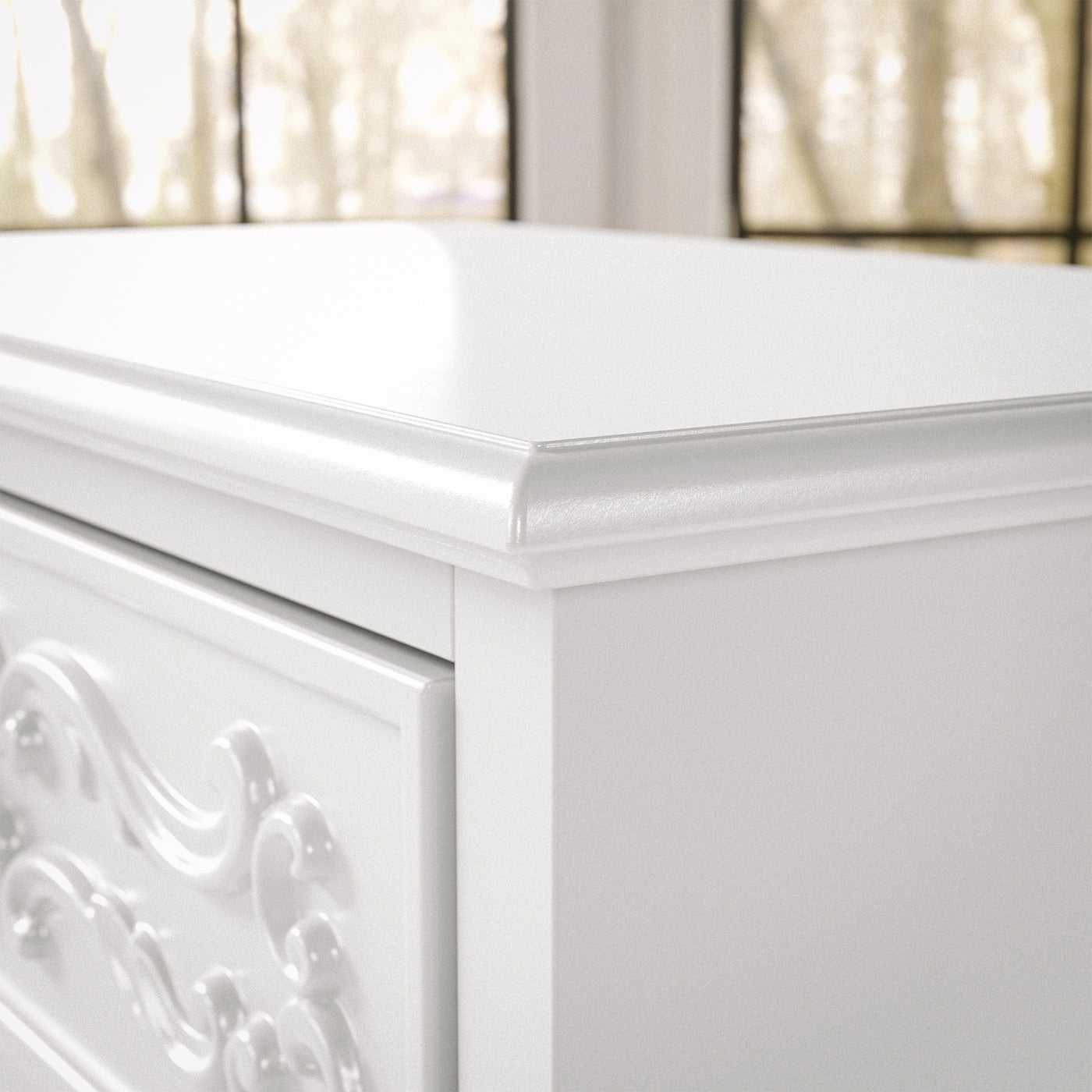 White Carved 3-Drawer Nightstand with Metal Handles