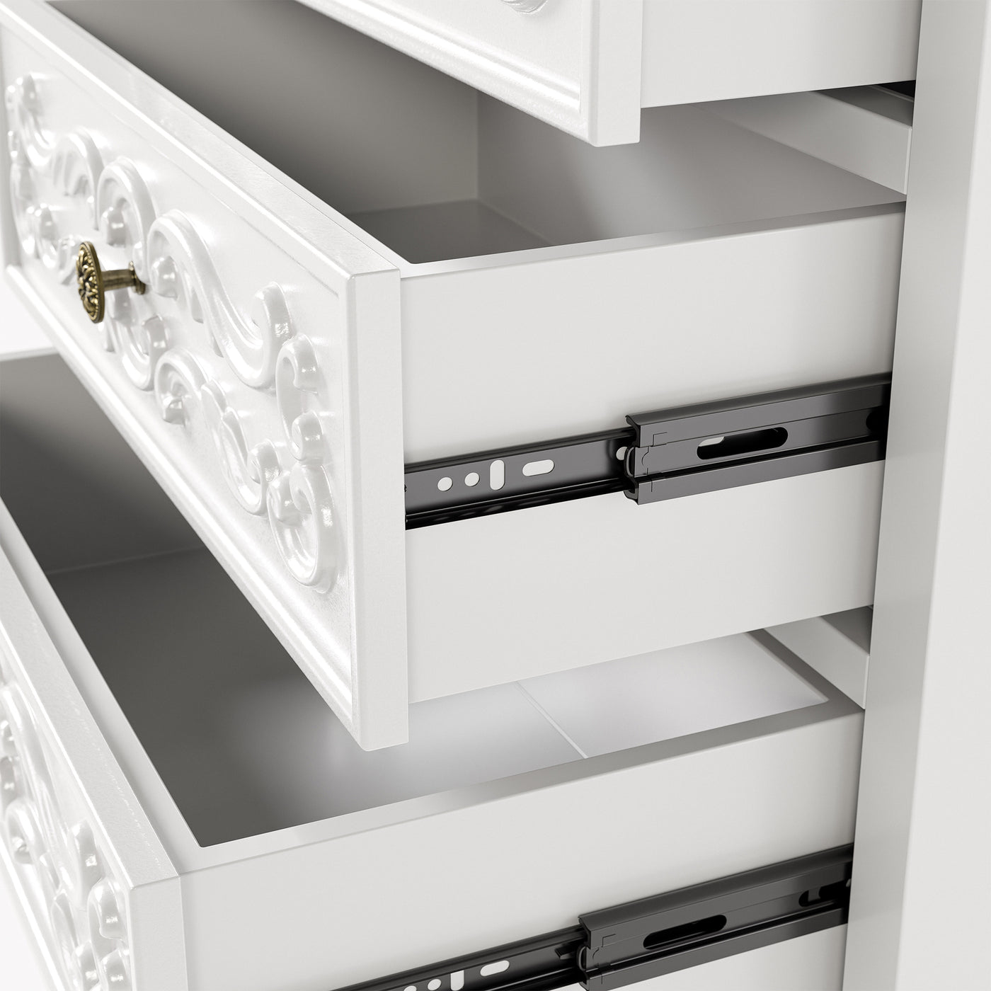 White Carved 3-Drawer Nightstand with Metal Handles