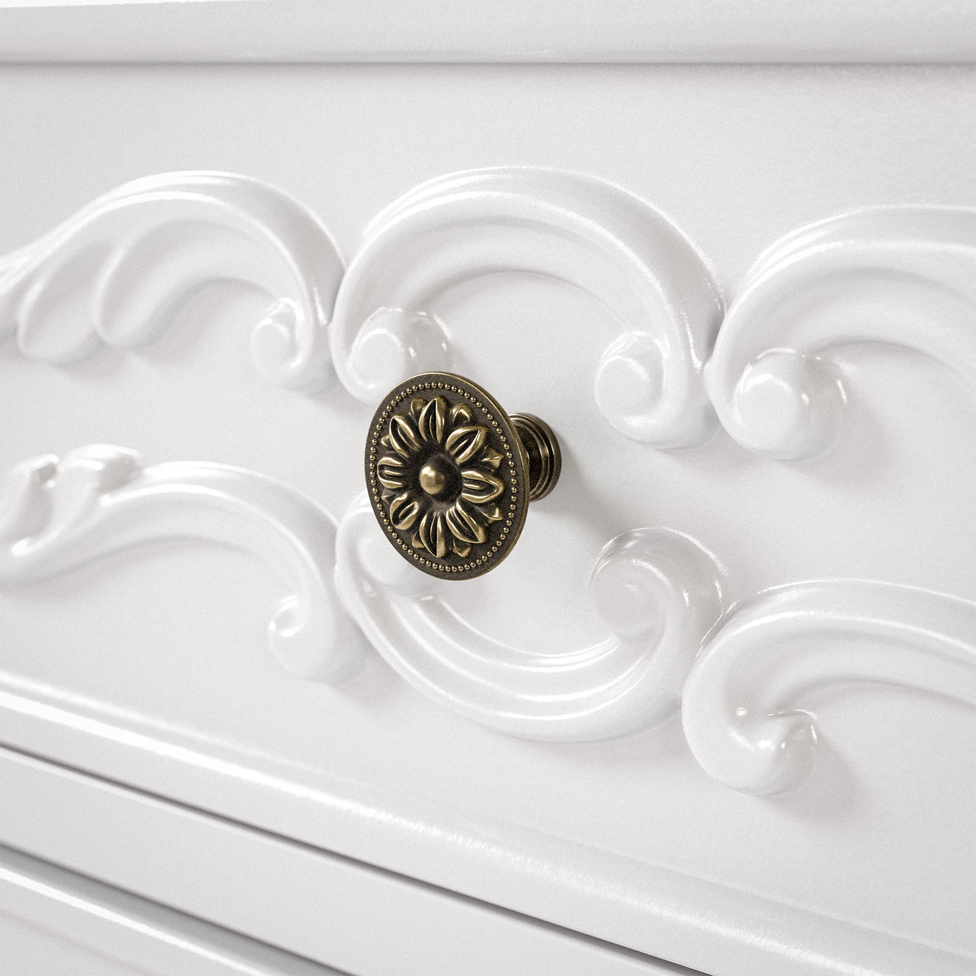 White Carved 3-Drawer Nightstand with Metal Handles