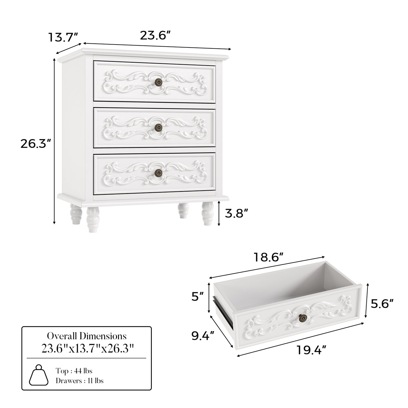White Carved 3-Drawer Nightstand with Metal Handles