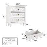 White Carved 3-Drawer Nightstand with Metal Handles