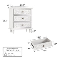 White Carved 3-Drawer Nightstand with Metal Handles