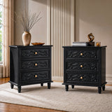 Black Carved 3-Drawer Nightstand with Metal Handles, Set of 2