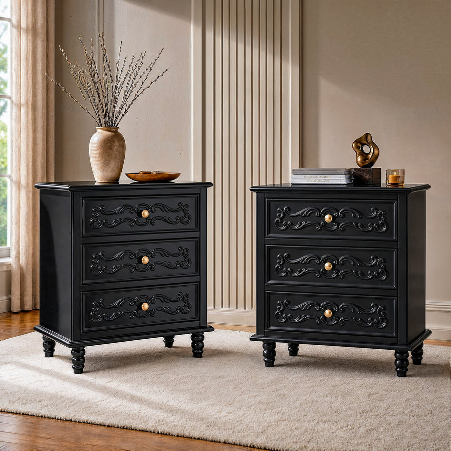 Black Carved 3-Drawer Nightstand with Metal Handles, Set of 2
