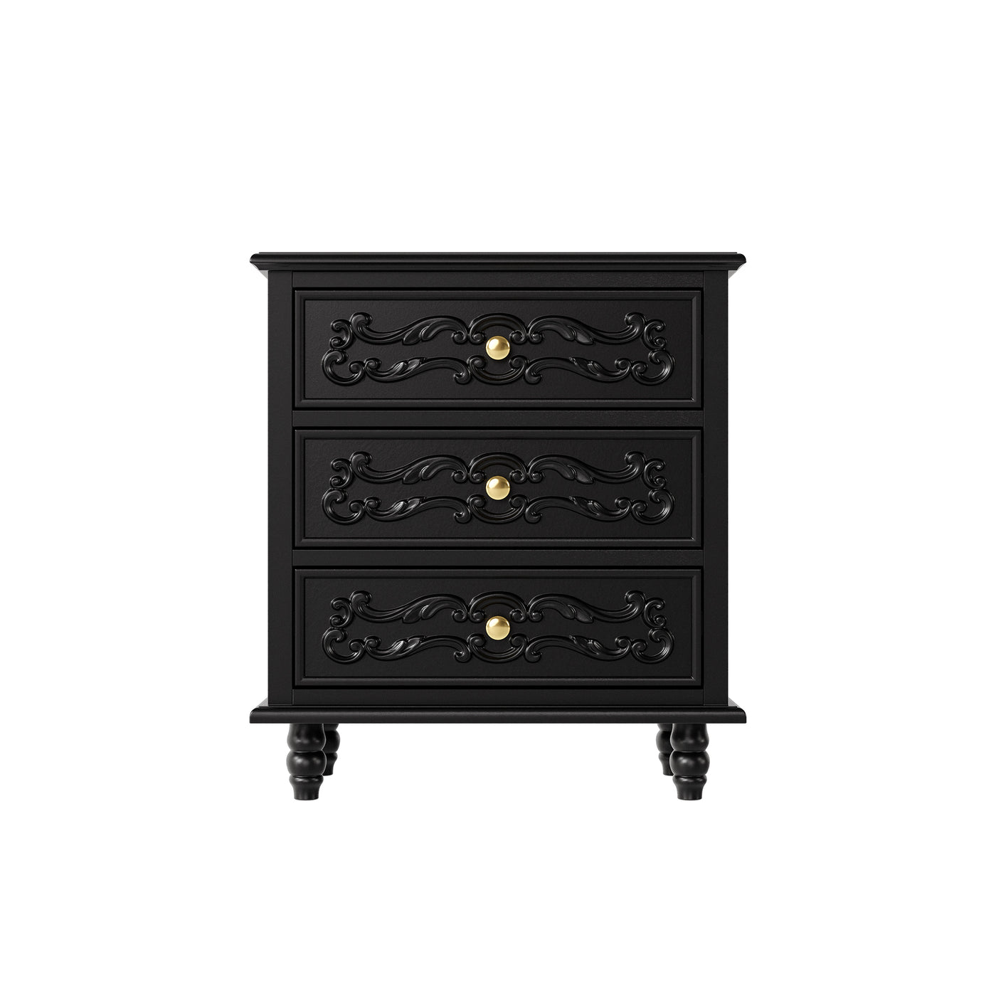 Black Carved 3-Drawer Nightstand with Metal Handles