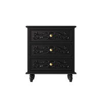 Black Carved 3-Drawer Nightstand with Metal Handles