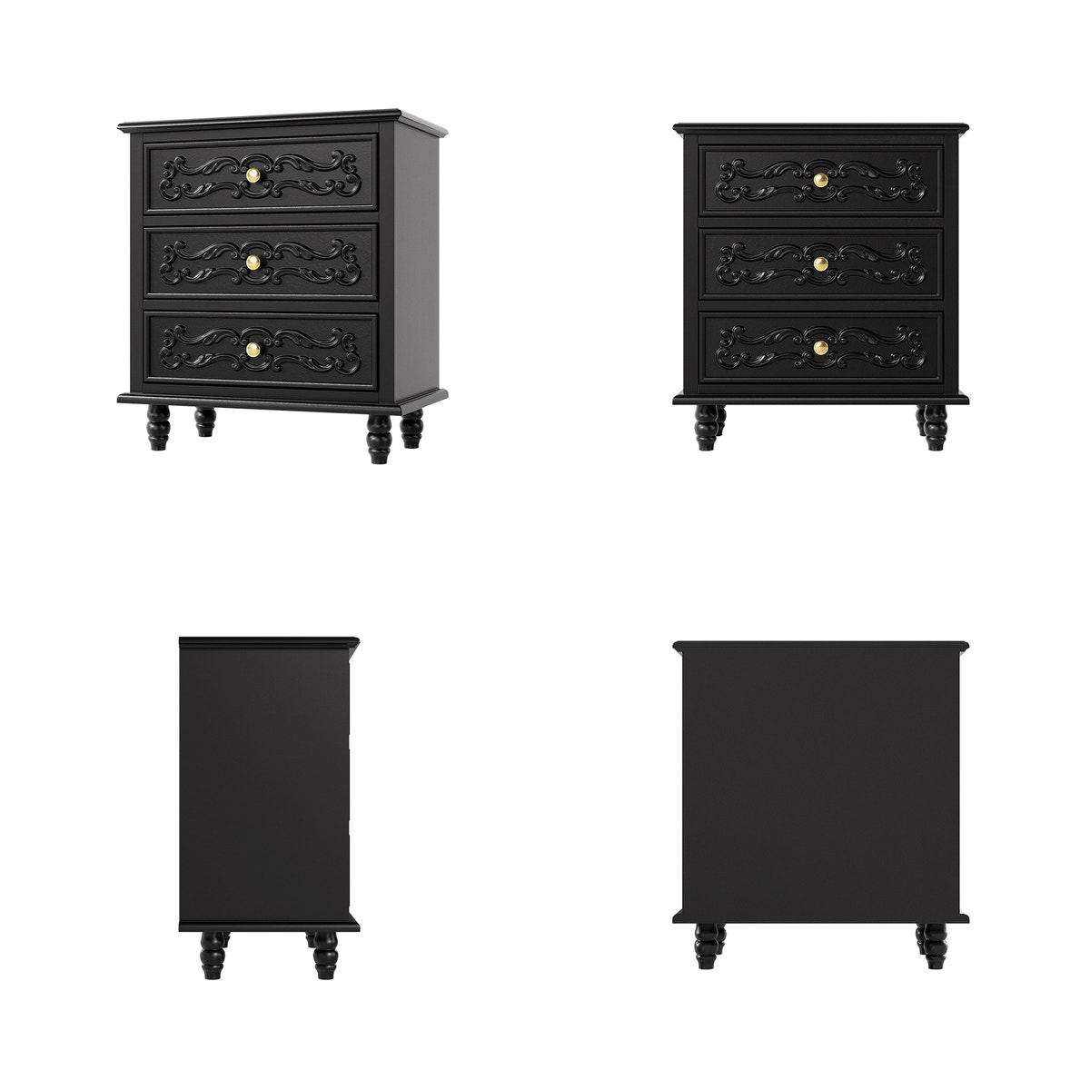 Black Carved 3-Drawer Nightstand with Metal Handles