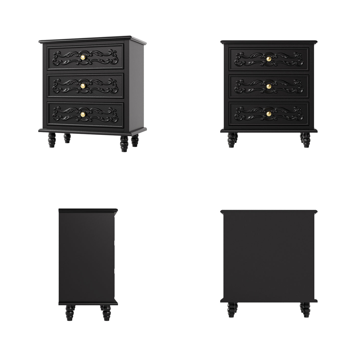 Black Carved 3-Drawer Nightstand with Metal Handles