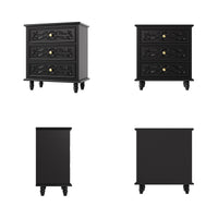 Black Carved 3-Drawer Nightstand with Metal Handles