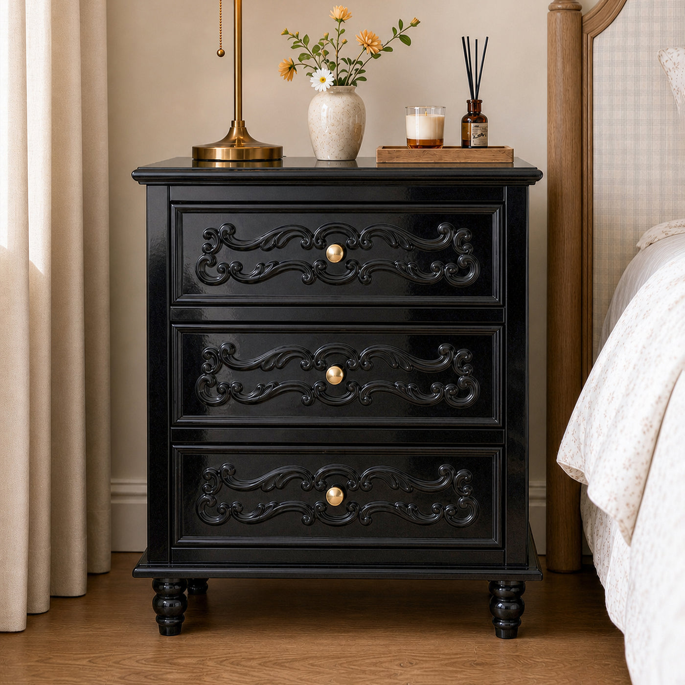 Black Carved 3-Drawer Nightstand with Metal Handles