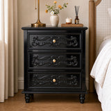 Black Carved 3-Drawer Nightstand with Metal Handles, Set of 2