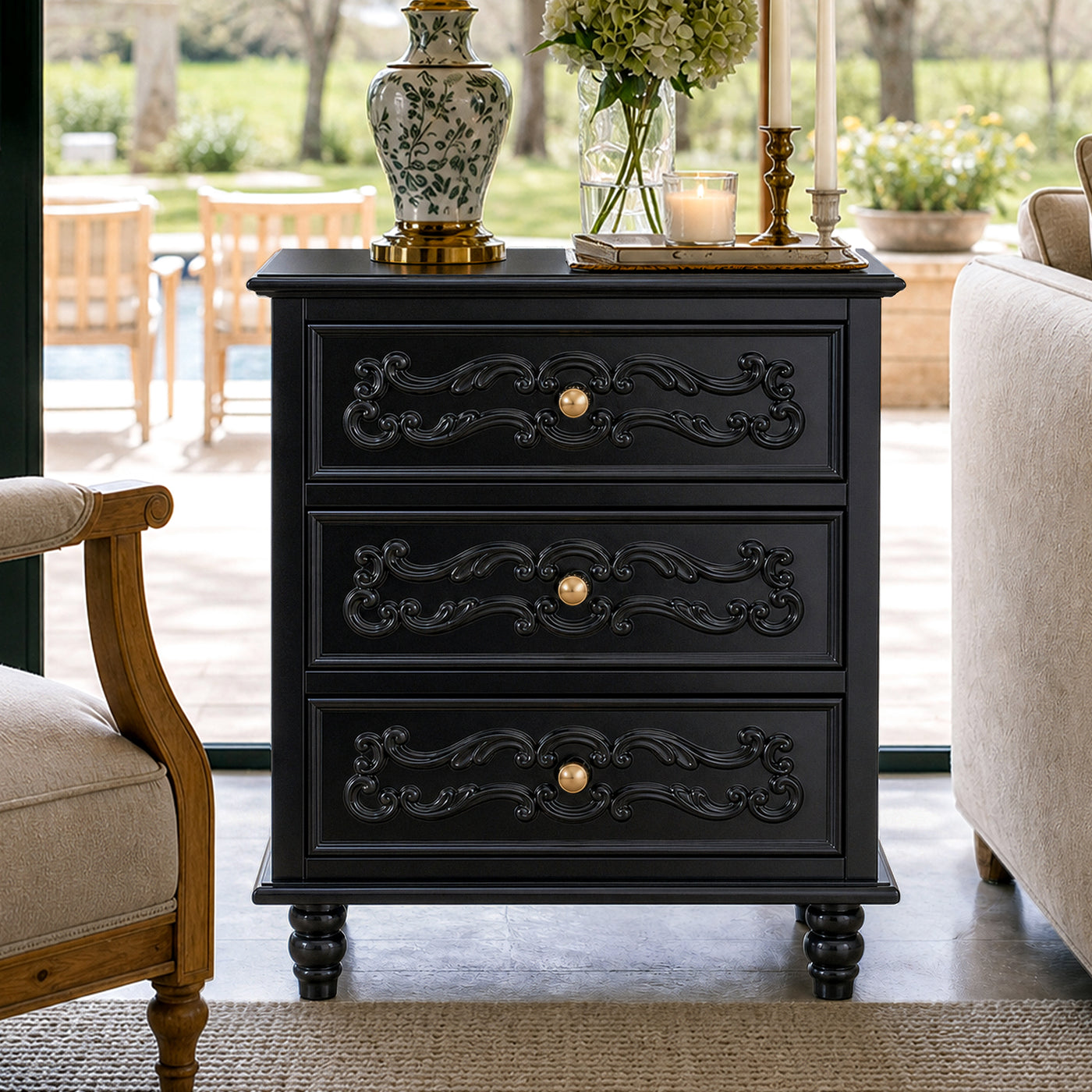 Black Carved 3-Drawer Nightstand with Metal Handles