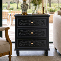 Black Carved 3-Drawer Nightstand with Metal Handles
