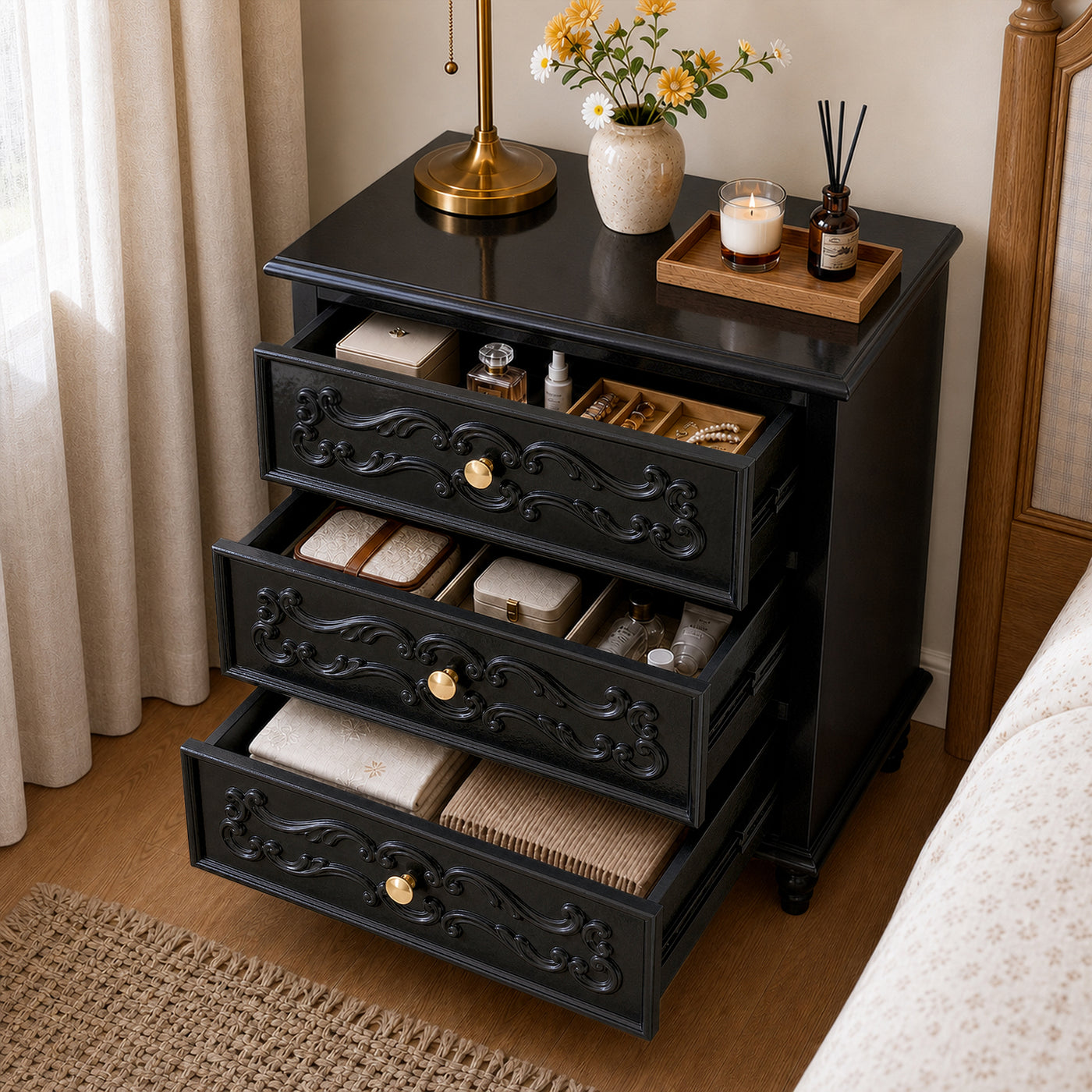 Black Carved 3-Drawer Nightstand with Metal Handles