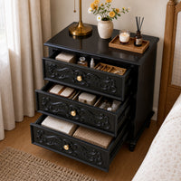Black Carved 3-Drawer Nightstand with Metal Handles