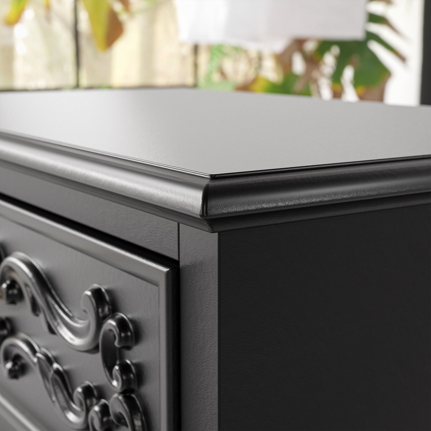 Black Carved 3-Drawer Nightstand with Metal Handles