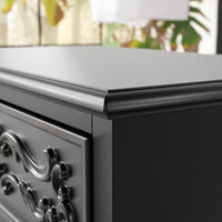 Black Carved 3-Drawer Nightstand with Metal Handles