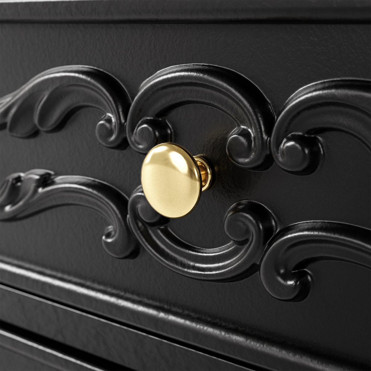 Black Carved 3-Drawer Nightstand with Metal Handles