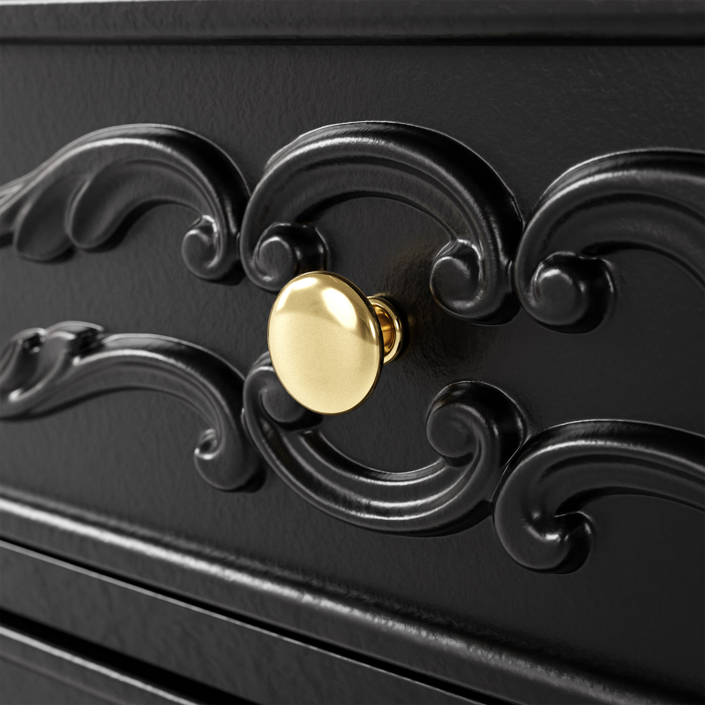 Black Carved 3-Drawer Nightstand with Metal Handles
