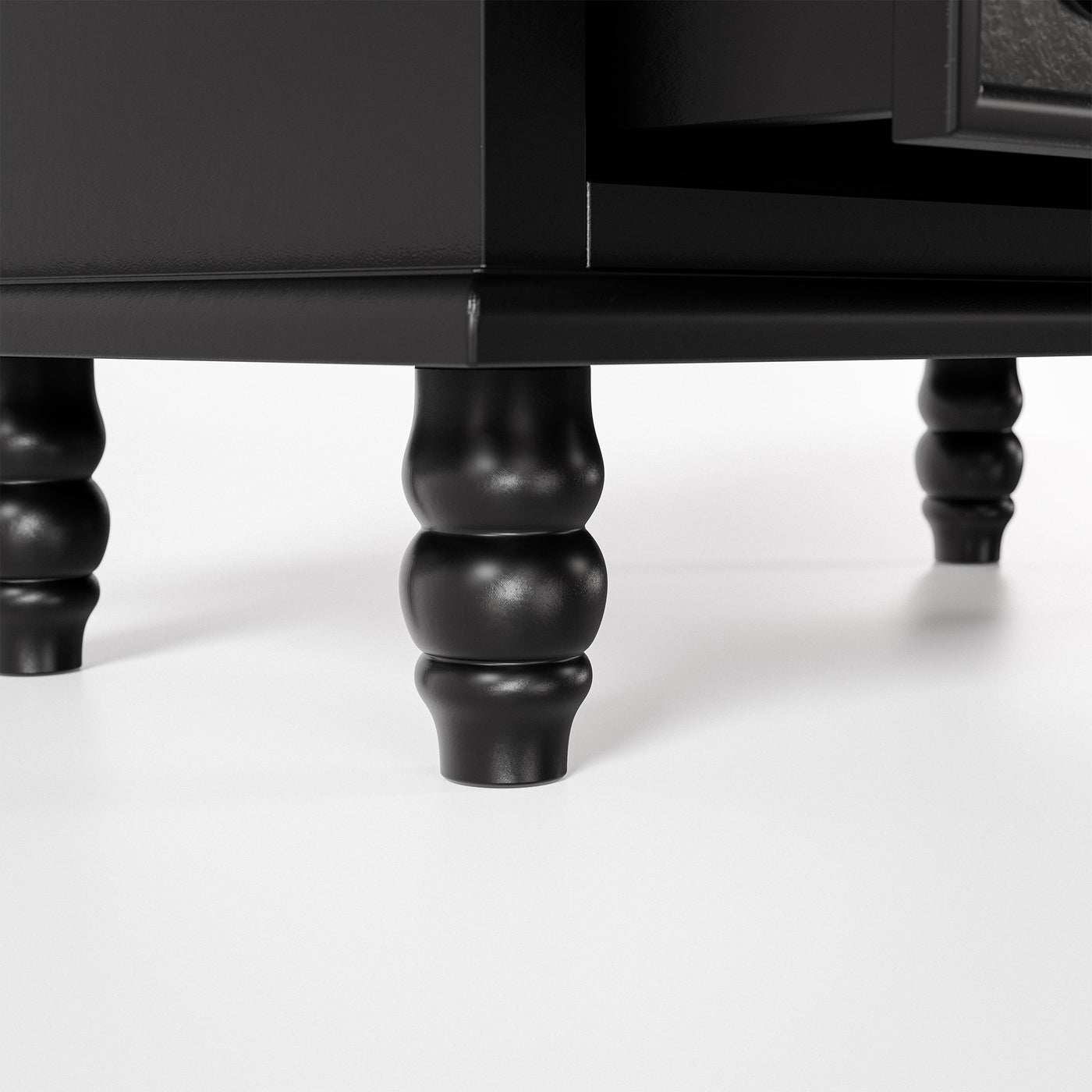Black Carved 3-Drawer Nightstand with Metal Handles