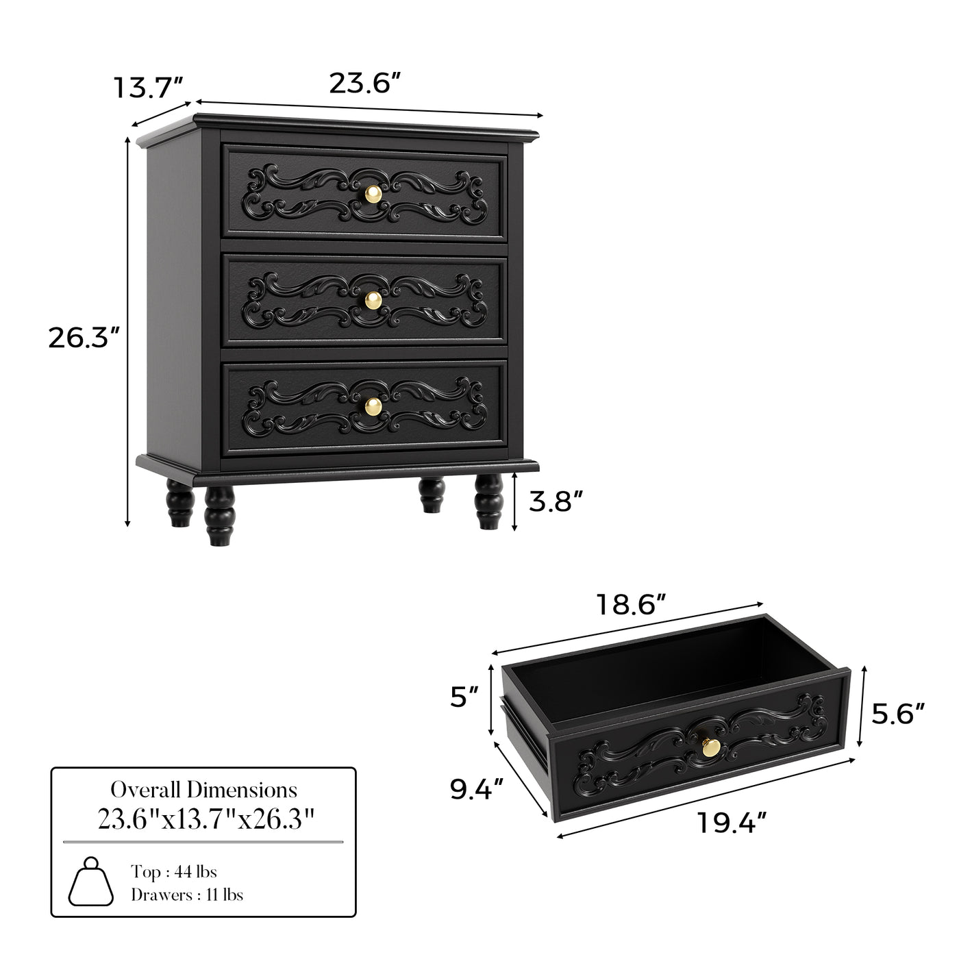 Black Carved 3-Drawer Nightstand with Metal Handles