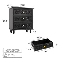 Black Carved 3-Drawer Nightstand with Metal Handles