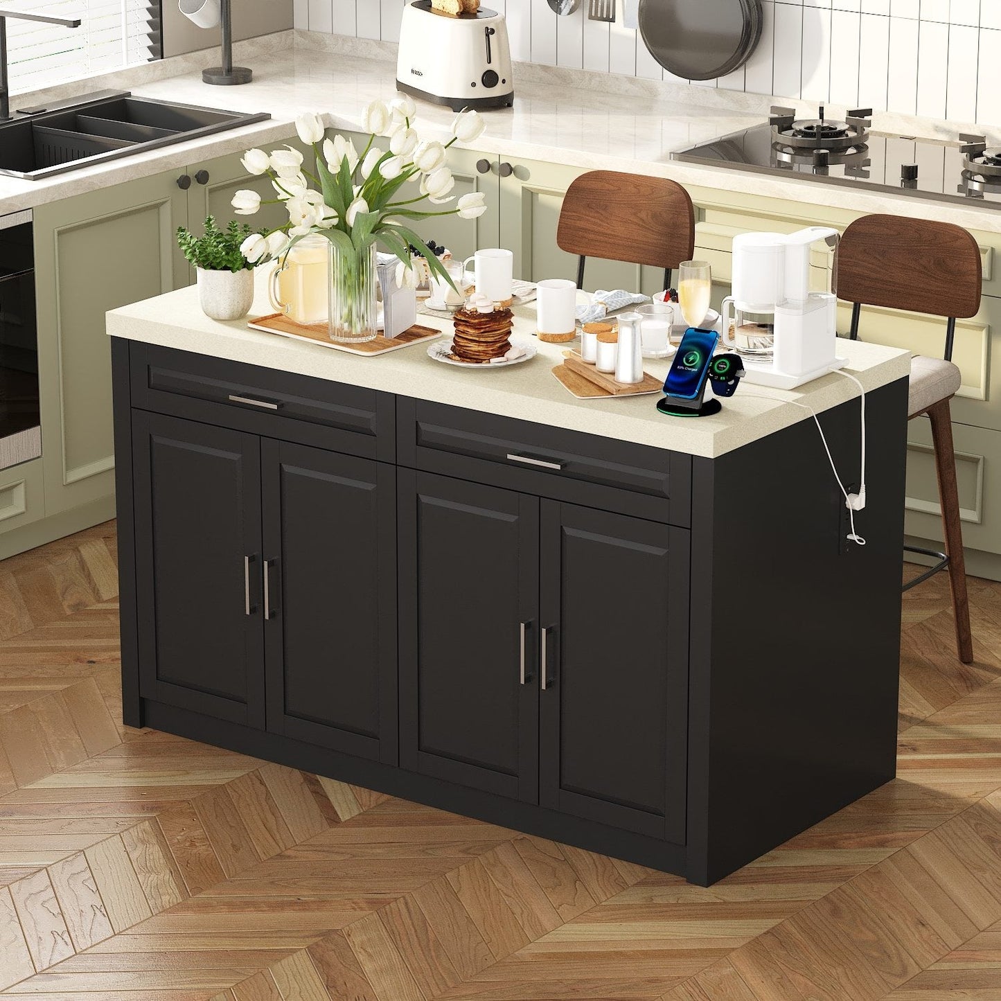 61”W Kitchen Island With 2 Drawer 4 Door