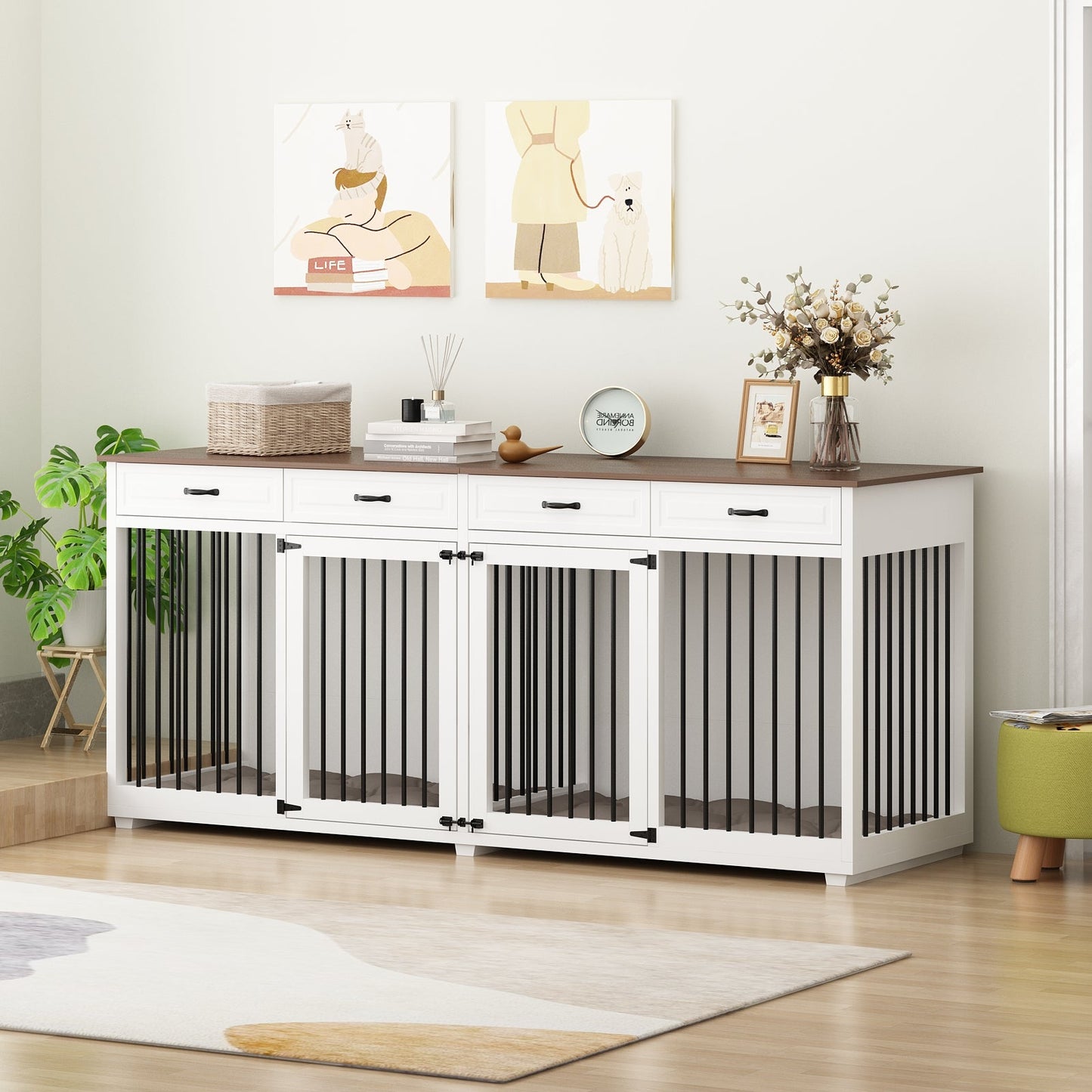 Large Dog Crate Furniture with 4 Drawers and Divider
