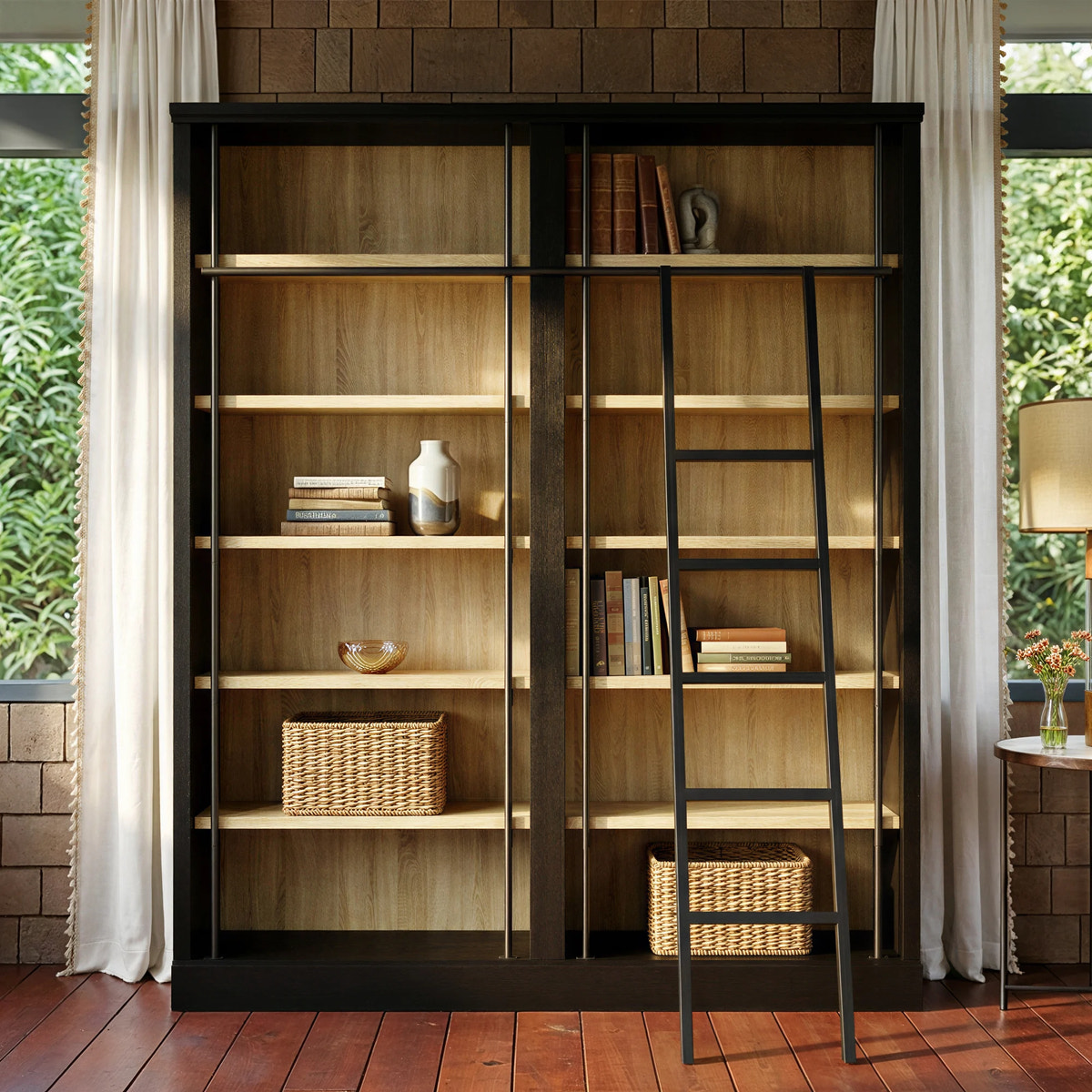 Double Bookcase with Rolling Ladder and Open Shelving