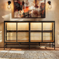 4-Door Display Cabinet with Glass Shelves and Iron Legs