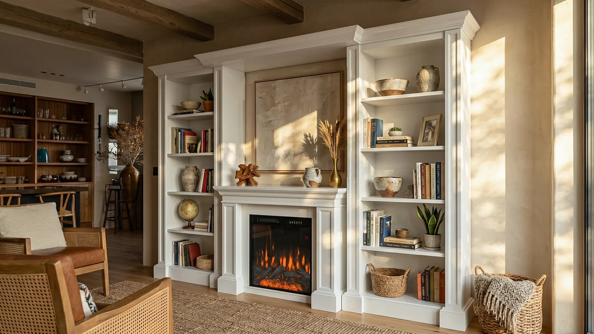 Traditional Entertainment Center with Built-In Electric Fireplace and Bookshelves-White