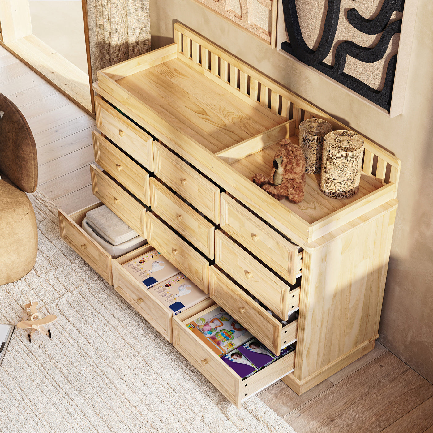 Solid Wood Changing Table with 9 Drawers