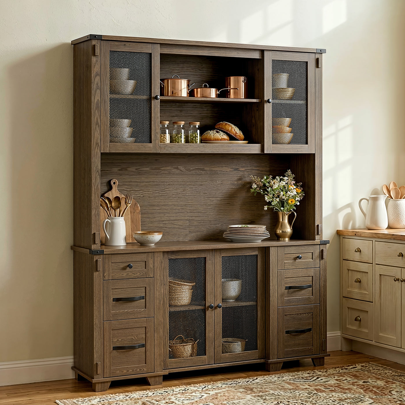 Wood Bookcase with Mesh Doors, Drawers and Open Shelving