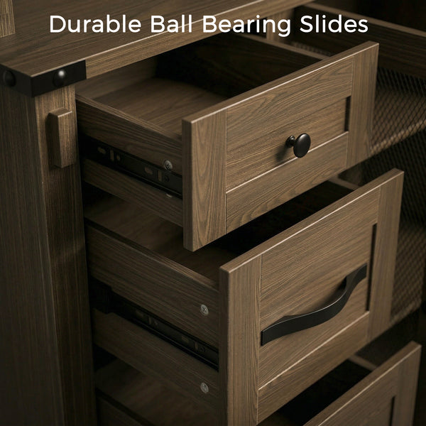 Wood Bookcase with Mesh Doors, Drawers and Open Shelving