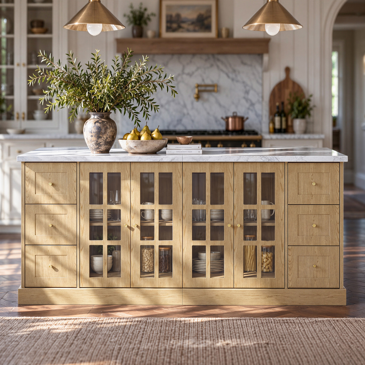 Grand Framed-Glass Kitchen Island with Marble-Look Top