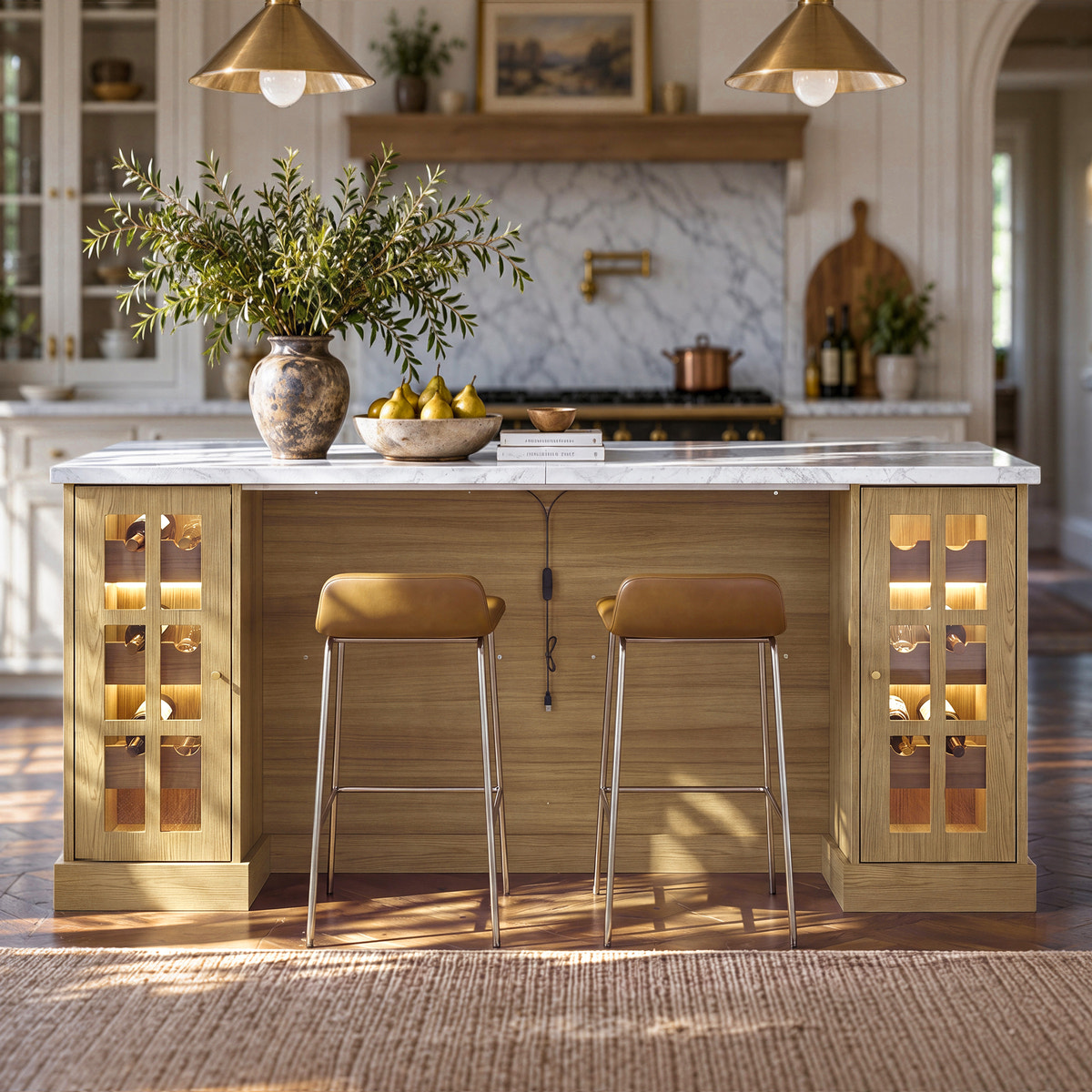 Grand Framed-Glass Kitchen Island with Marble-Look Top