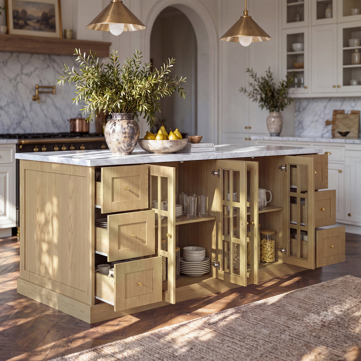 Grand Framed-Glass Kitchen Island with Marble-Look Top