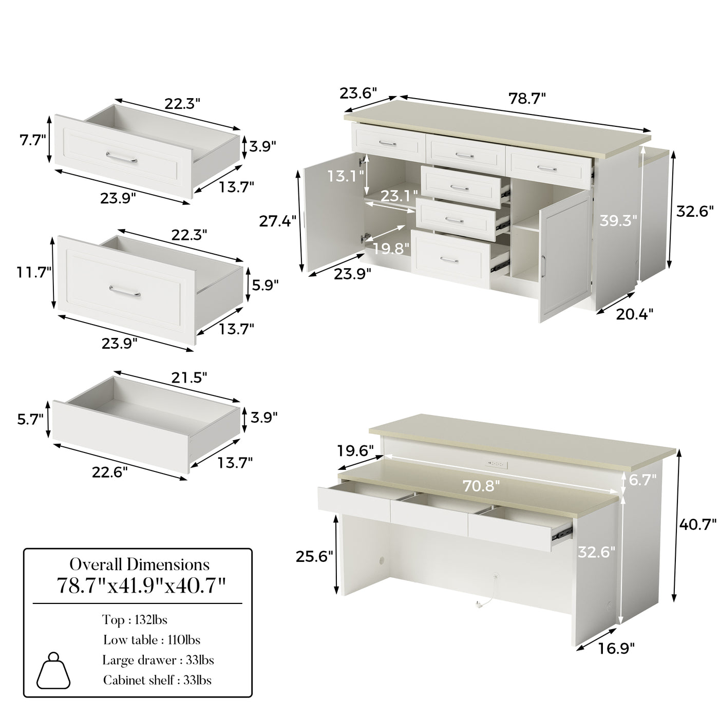 Modern Kitchen Island with Built-In Power Outlet and Dual-Level Tabletop