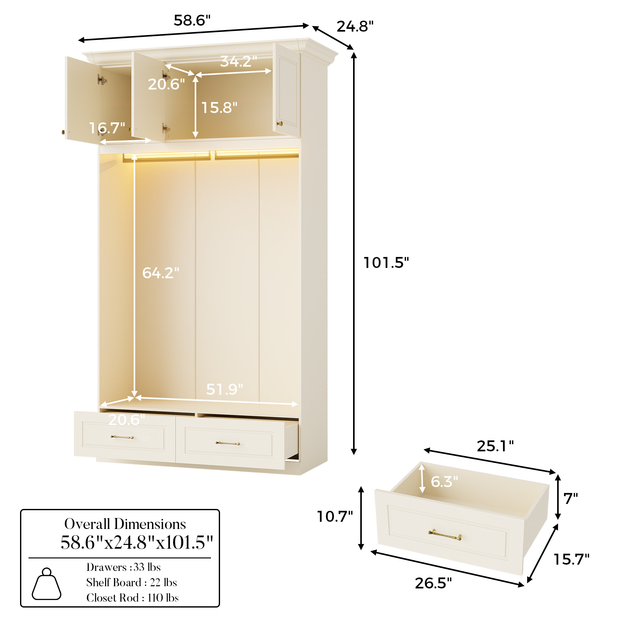 Vestia 3-Door Wardrobe Closet with Drawers